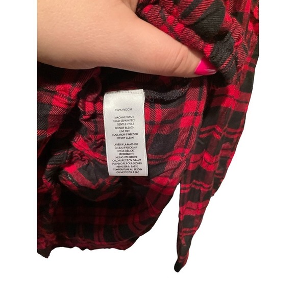 Beach Lunch Lounge Shirt Women's Large Red Plaid 100% Pleated Button-Up - Picture 3 of 4